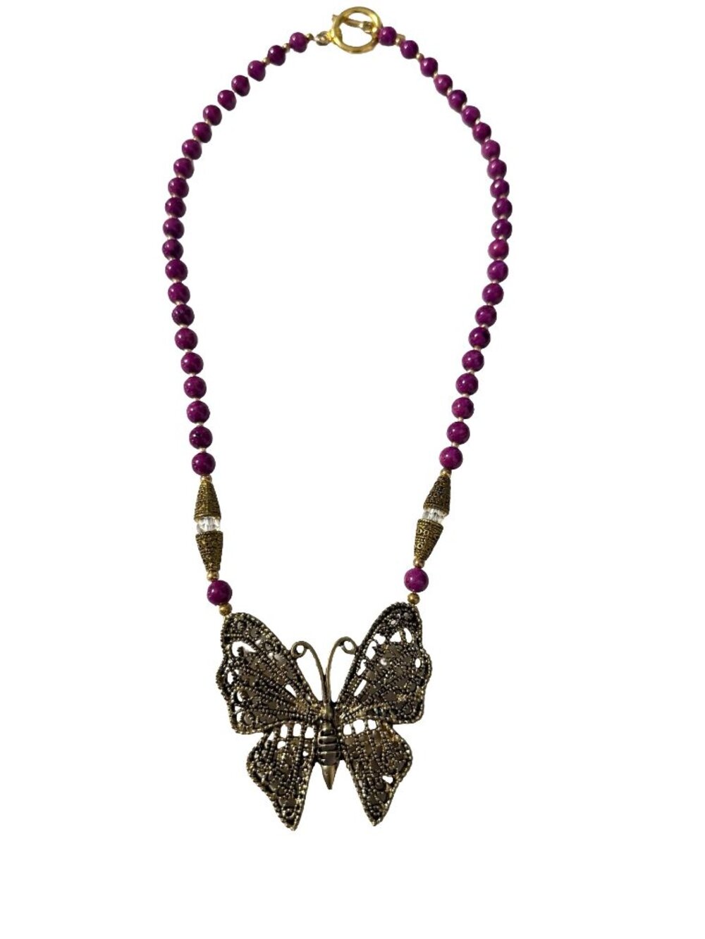 Vintage Butterfly Pendant Necklace Purple Stone Beads Filigree Butterfly 18"
